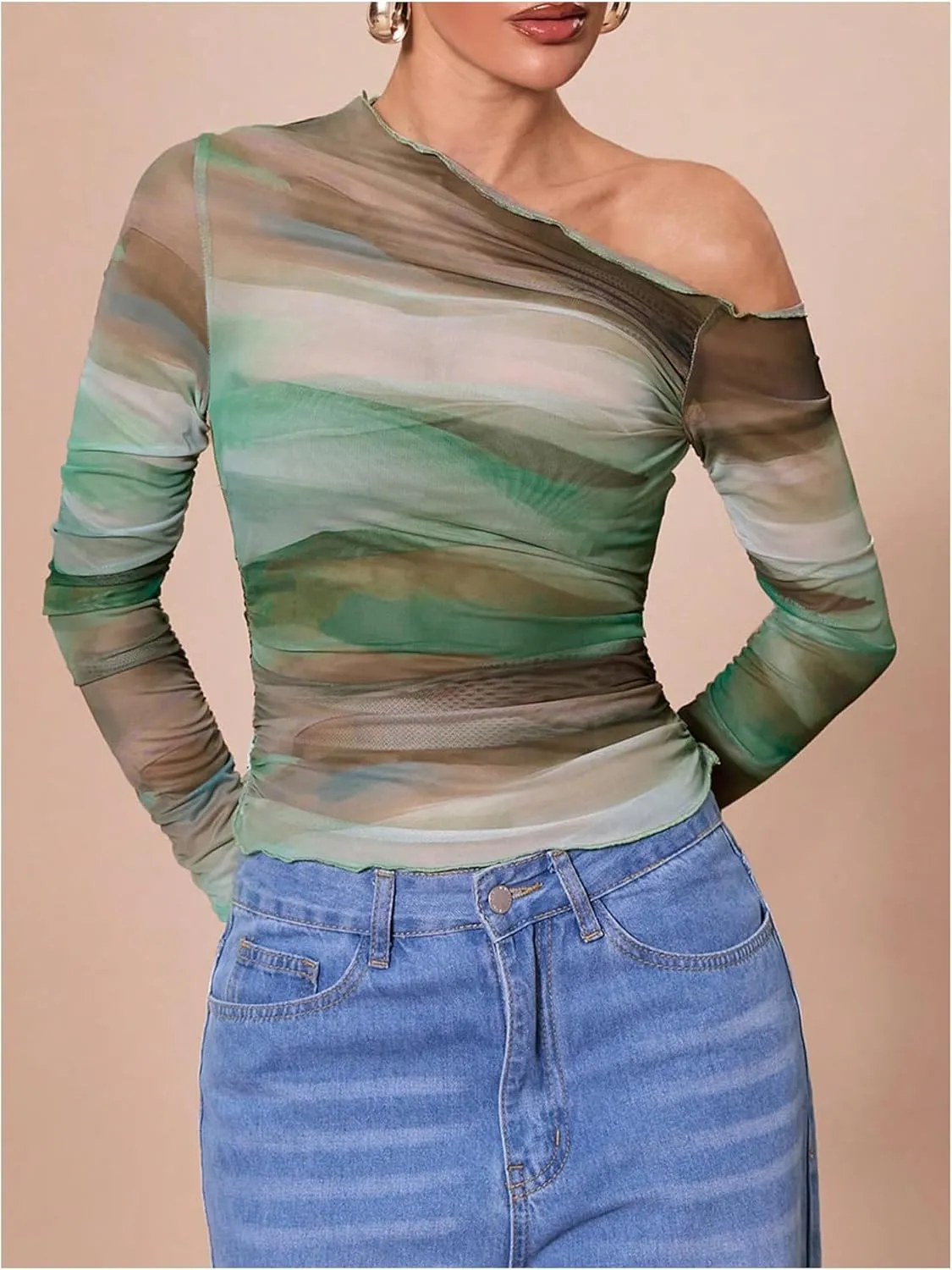 MakeMeChic Women's Tie Dye Asymmetrical Neck Long Sleeve Ruched Tee Shirt Crop Tops