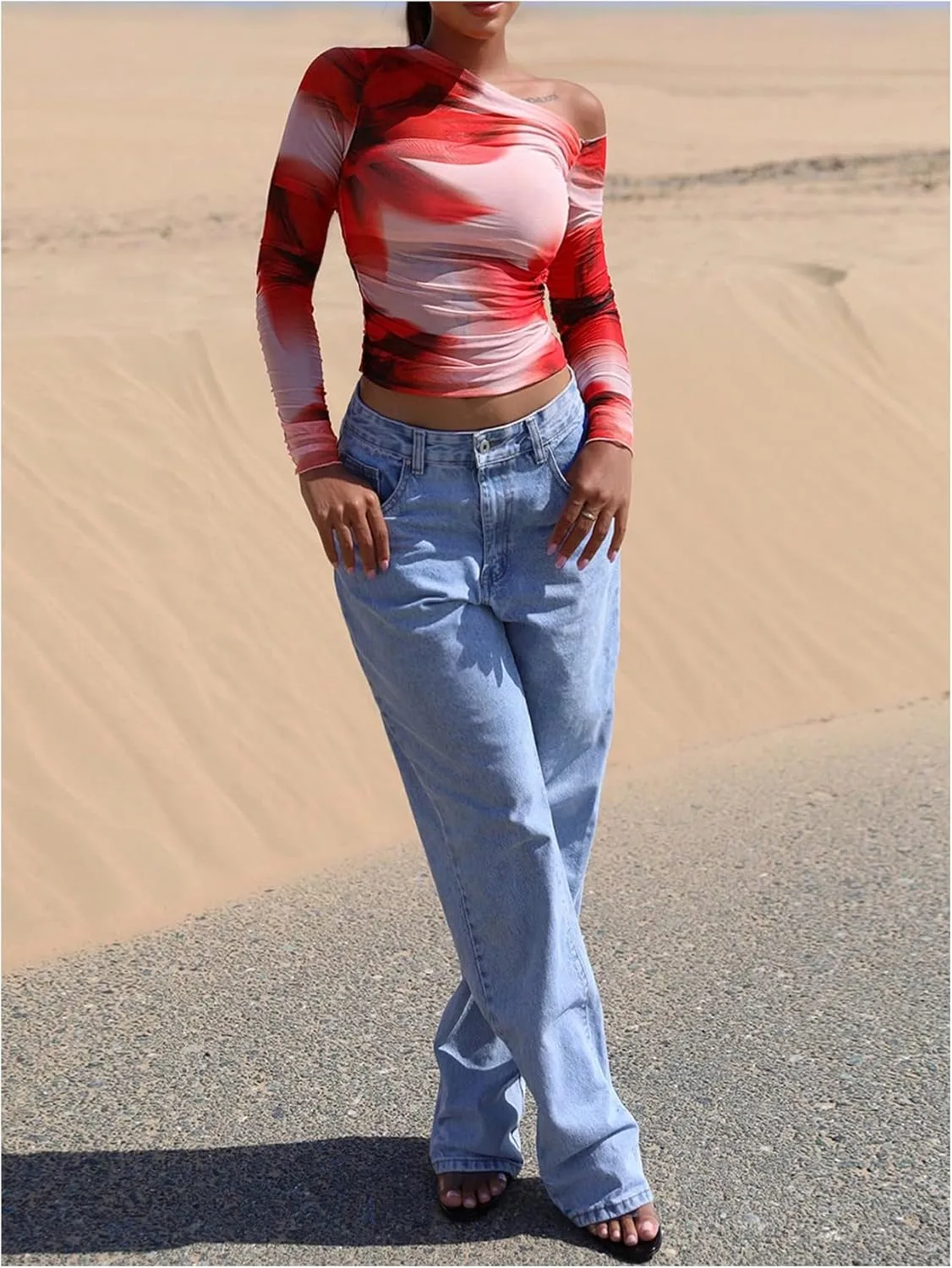 MakeMeChic Women's Tie Dye Asymmetrical Neck Long Sleeve Ruched Tee Shirt Crop Tops