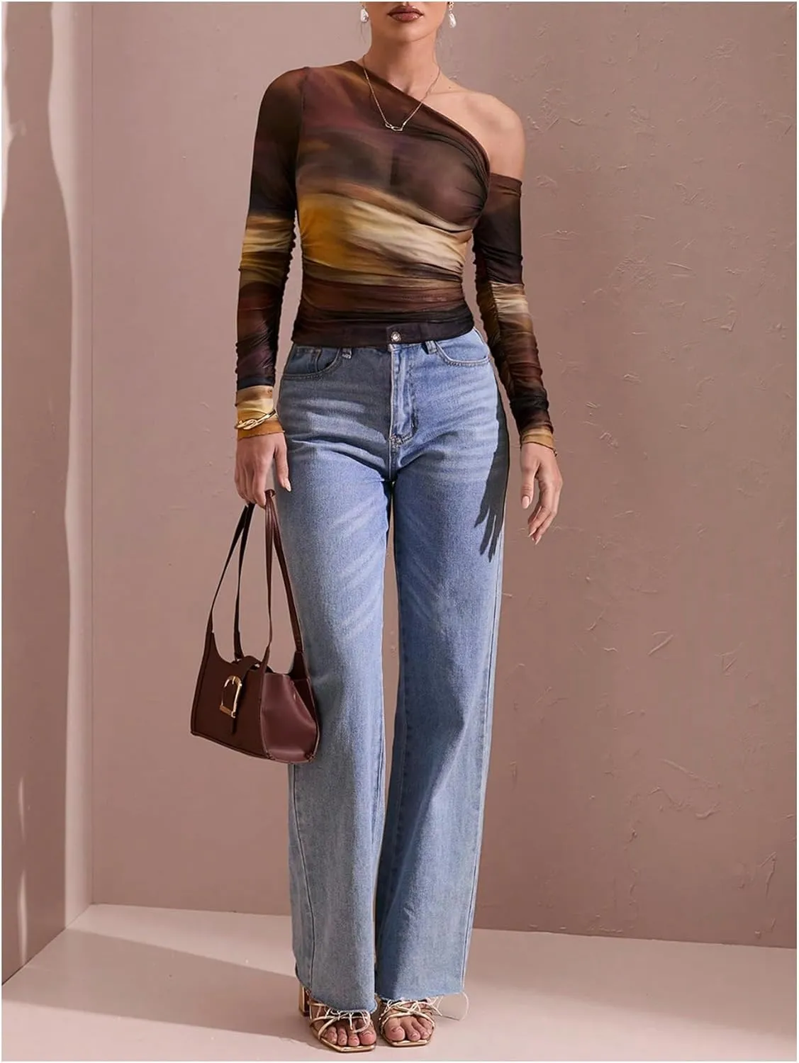 MakeMeChic Women's Tie Dye Asymmetrical Neck Long Sleeve Ruched Tee Shirt Crop Tops