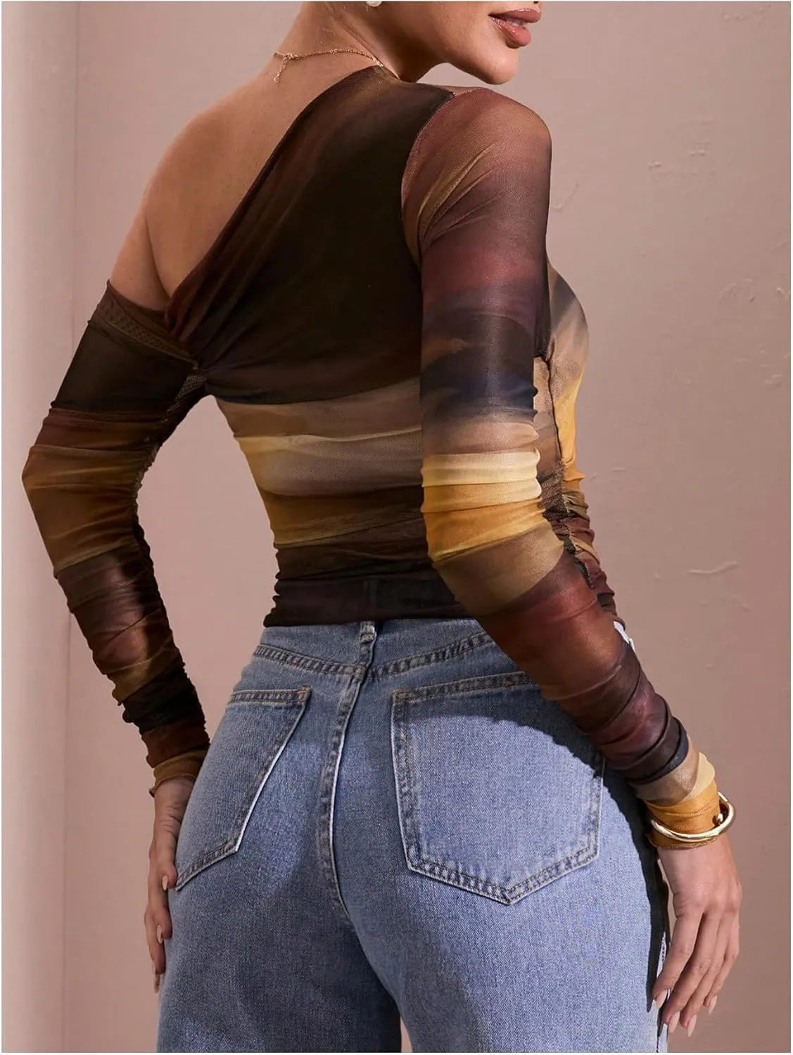 MakeMeChic Women's Tie Dye Asymmetrical Neck Long Sleeve Ruched Tee Shirt Crop Tops