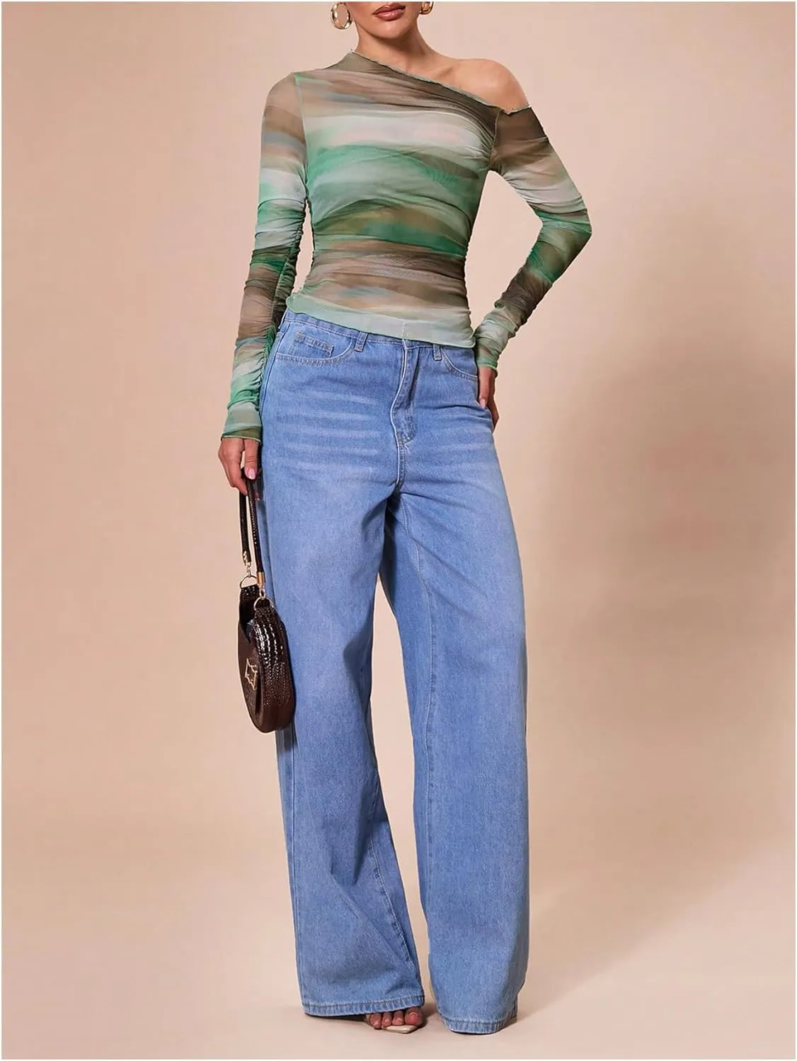 MakeMeChic Women's Tie Dye Asymmetrical Neck Long Sleeve Ruched Tee Shirt Crop Tops