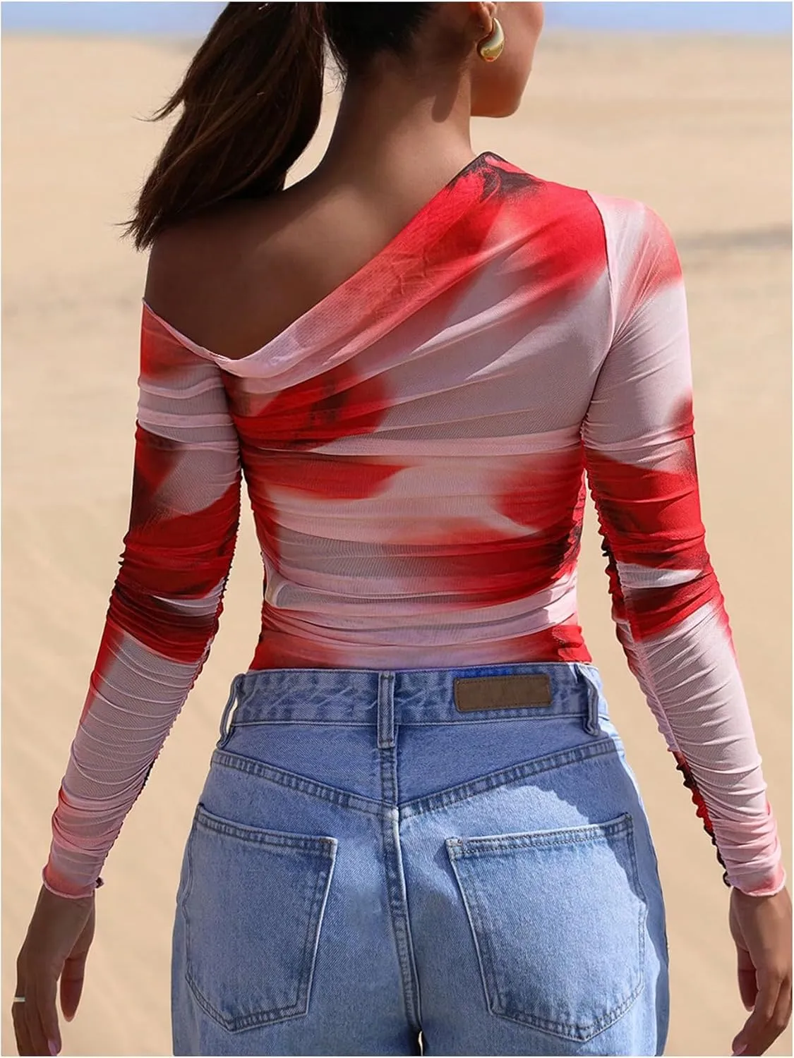 MakeMeChic Women's Tie Dye Asymmetrical Neck Long Sleeve Ruched Tee Shirt Crop Tops
