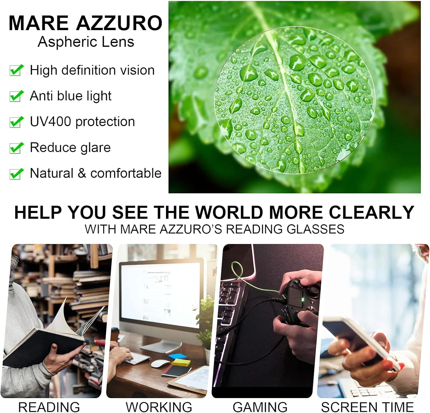 MARE AZZURO Blue Light Blocking Glasses Men Large Square Computer Reading Gaming TV Screen Glasses Anti Eyestrain & UV Glare (Black, 0)