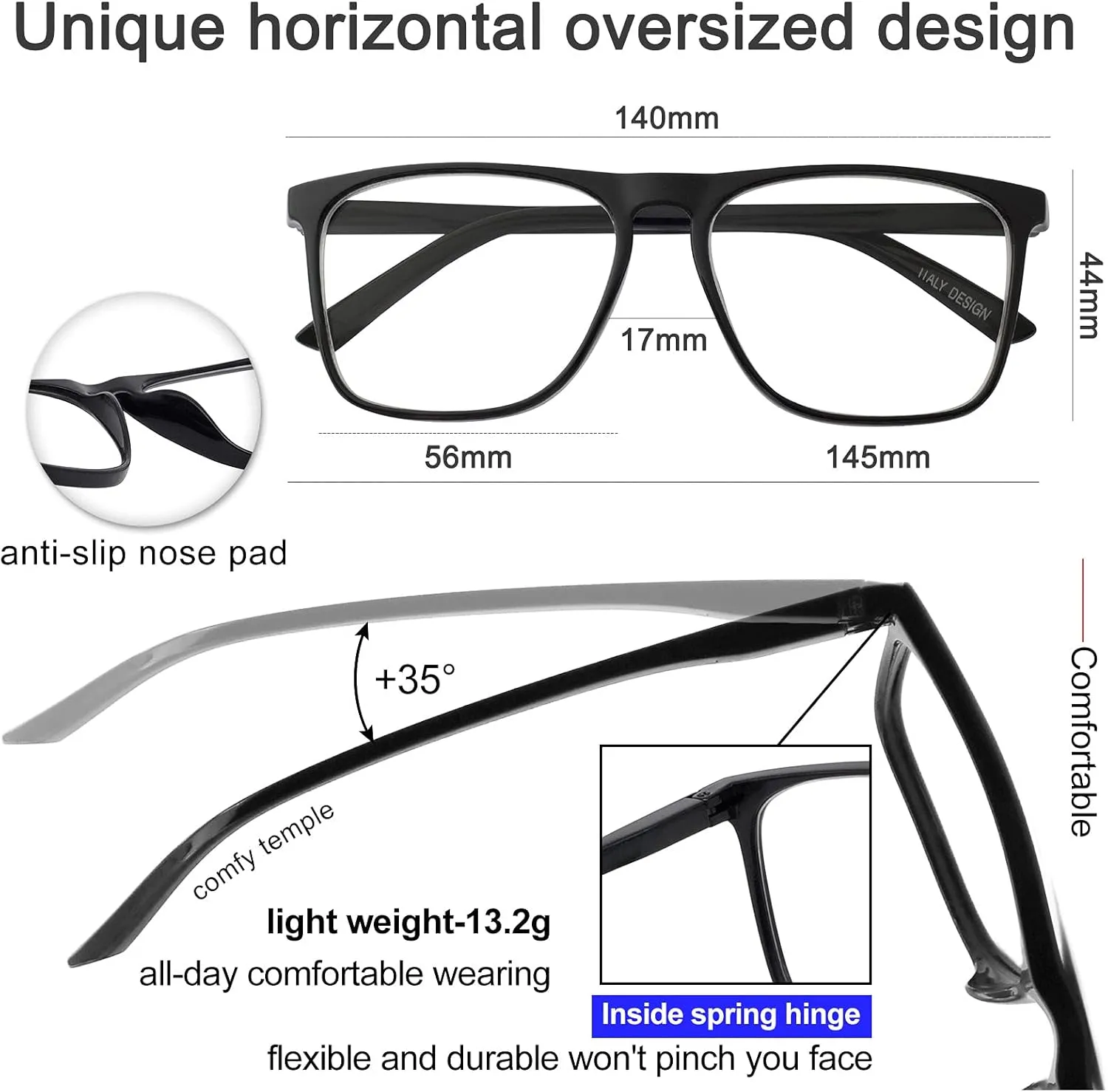 MARE AZZURO Blue Light Blocking Glasses Men Large Square Computer Reading Gaming TV Screen Glasses Anti Eyestrain & UV Glare (Black, 0)