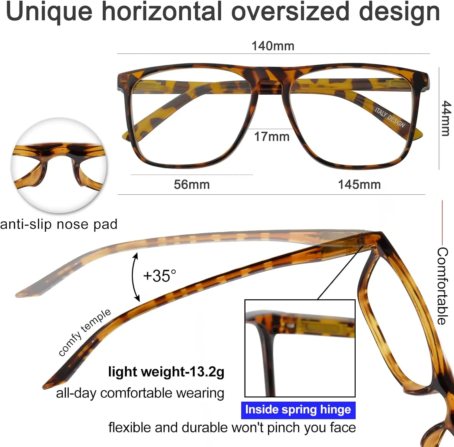 MARE AZZURO Blue Light Blocking Glasses Men Large Square Computer Reading Gaming TV Screen Glasses (Tortoise, 0.00)