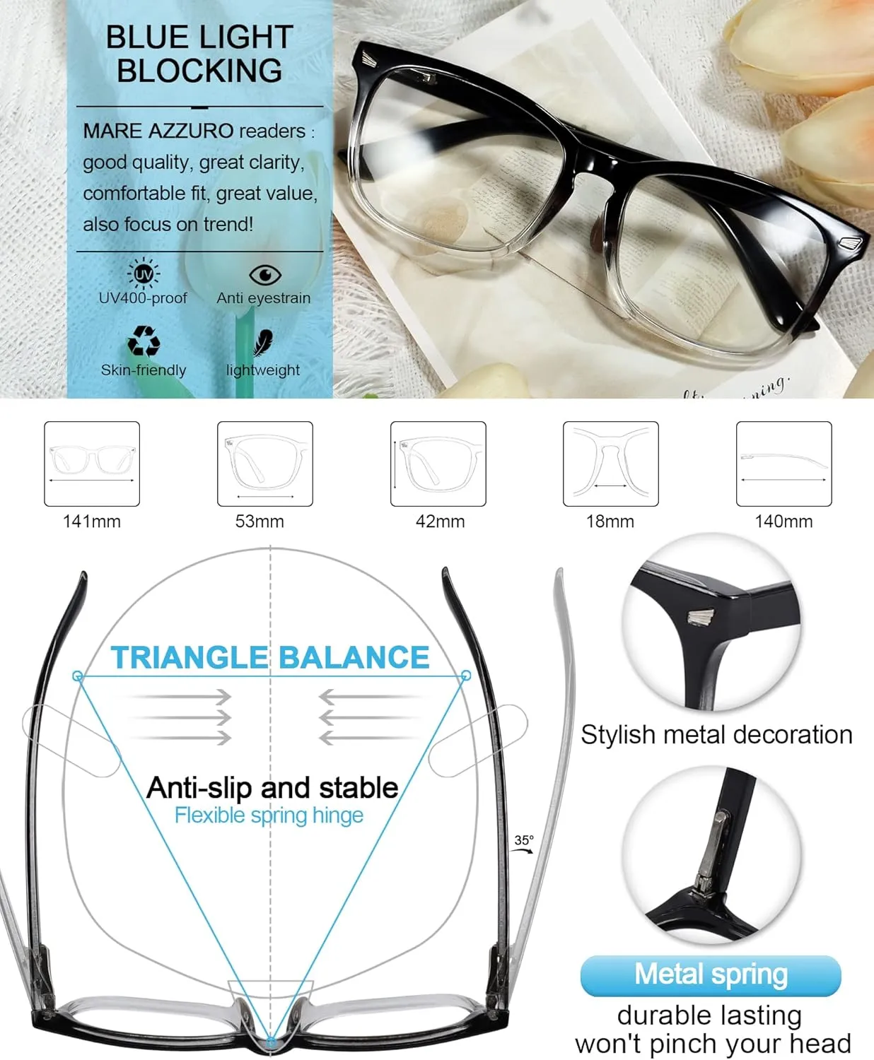 MARE AZZURO Blue Light Blocking Reading Glasses Women Computer Readers 0 1.0 1.25 1.5 1.75 2.0 2.25 2.5 2.75 3.0 3.5 4.0 5.0 6.0 (Black-clear, 0)