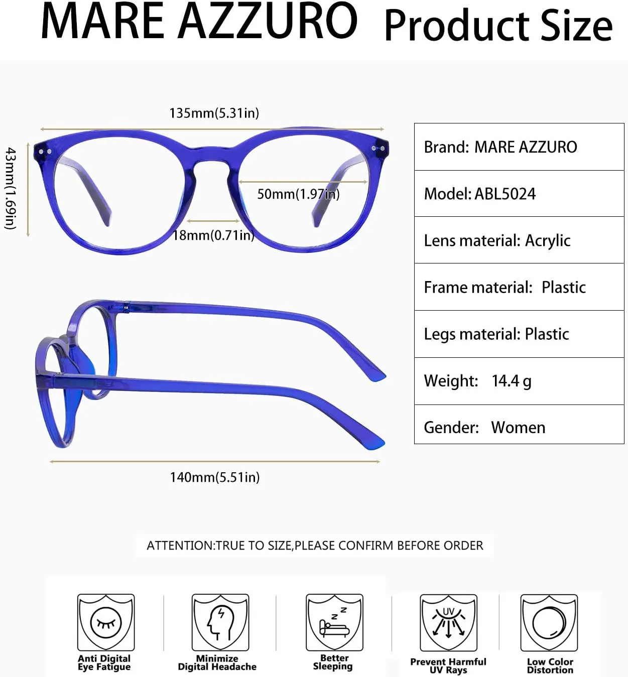 MARE AZZURO Blue Light Blocking Reading Glasses Women Stylish Filter Glare UV Computer Readers 0 1.0 1.5 2.0 2.5 3.0 3.5 4.0 (Blue, 150)