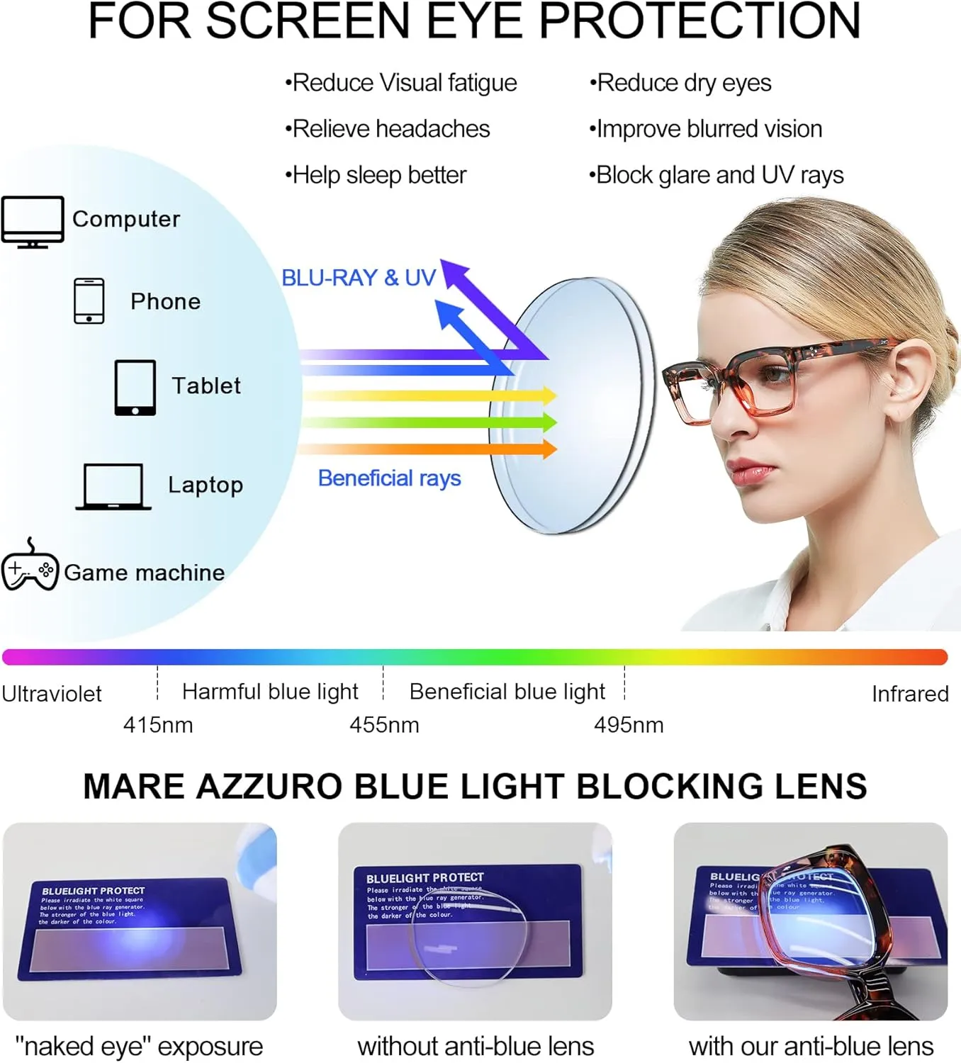 MARE AZZURO Computer Eyewear Women Blue Blocking Eyeglasses Brown Clear Gaming Glasses Female No Degree