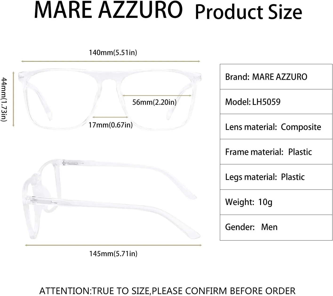 MARE AZZURO Large Computer Glasses Men, Blue Ligth Blocking Gaming Glasses, Transparent Eyewear Frame