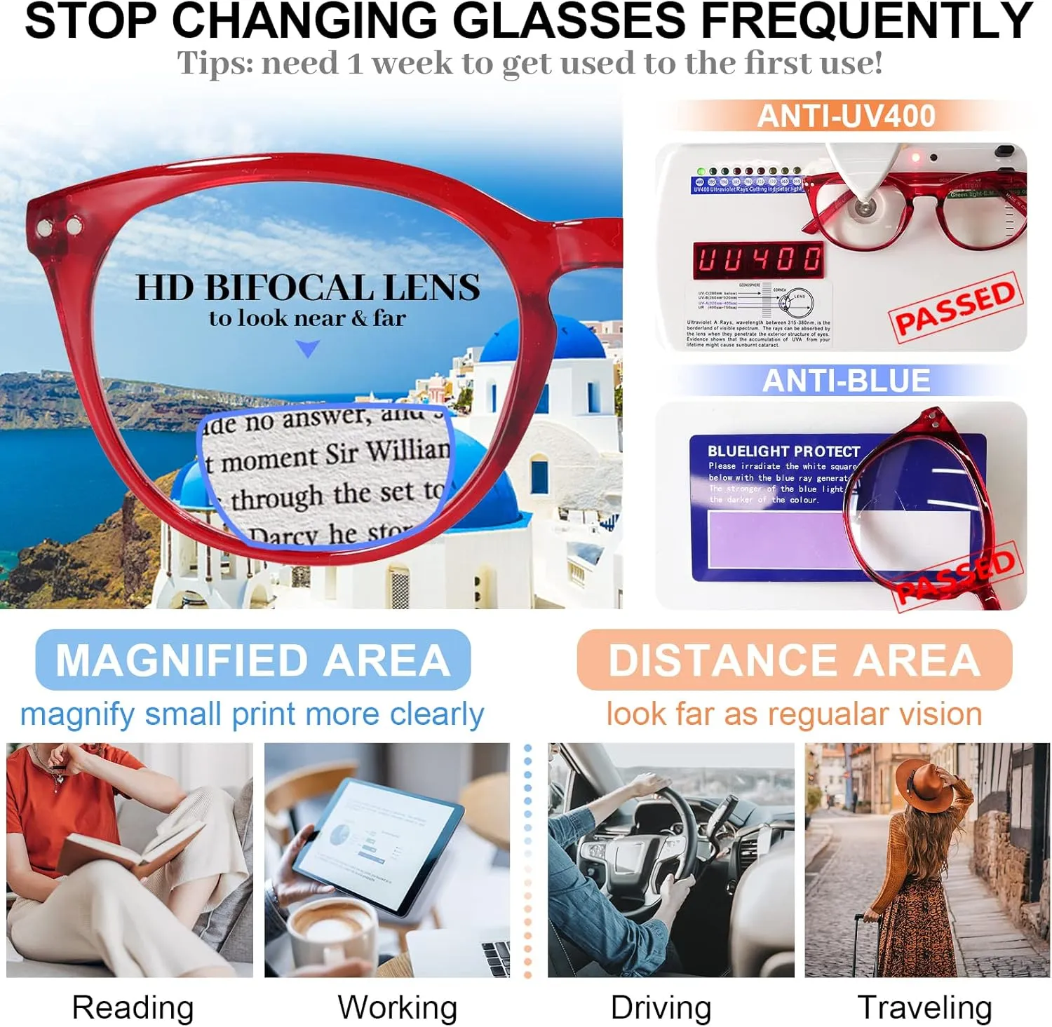 MARE AZZURO Large Round Bifocal Reading Glasses Women Blue Light Blocking Readers 1.0 1.25 1.5 1.75 2.0 2.25 2.5 2.75 3.0 3.5