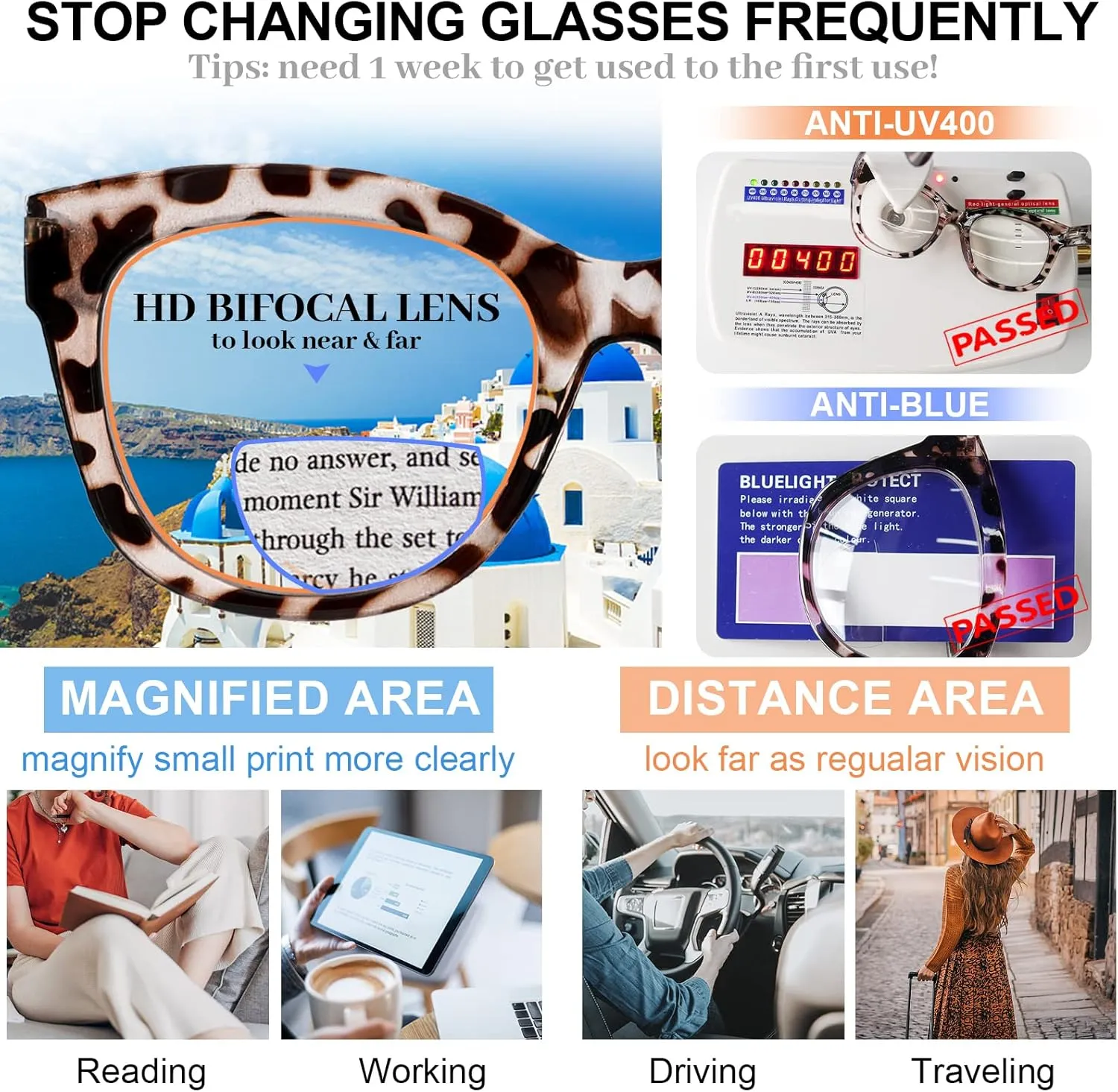 MARE AZZURO Oversized Bifocal Reading Glasses Women Blue Light Blocking Readers 1.0 1.25 1.5 1.75 2.0 2.25 2.5 2.75 3.0 3.5