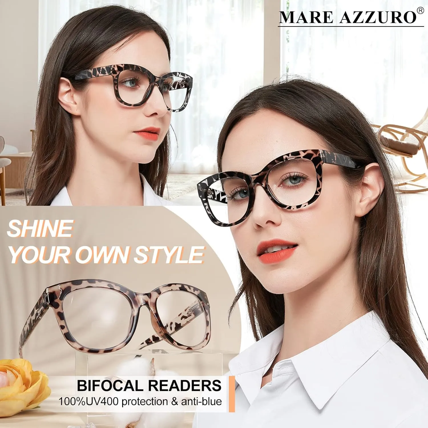 MARE AZZURO Oversized Bifocal Reading Glasses Women Blue Light Blocking Readers 1.0 1.25 1.5 1.75 2.0 2.25 2.5 2.75 3.0 3.5