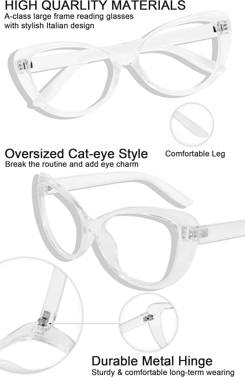 MARE AZZURO Oversized Reading Glasses Women Stylish Cat Eye Readers 0 1.0 1.5 2.0 2.5 3.0 3.5