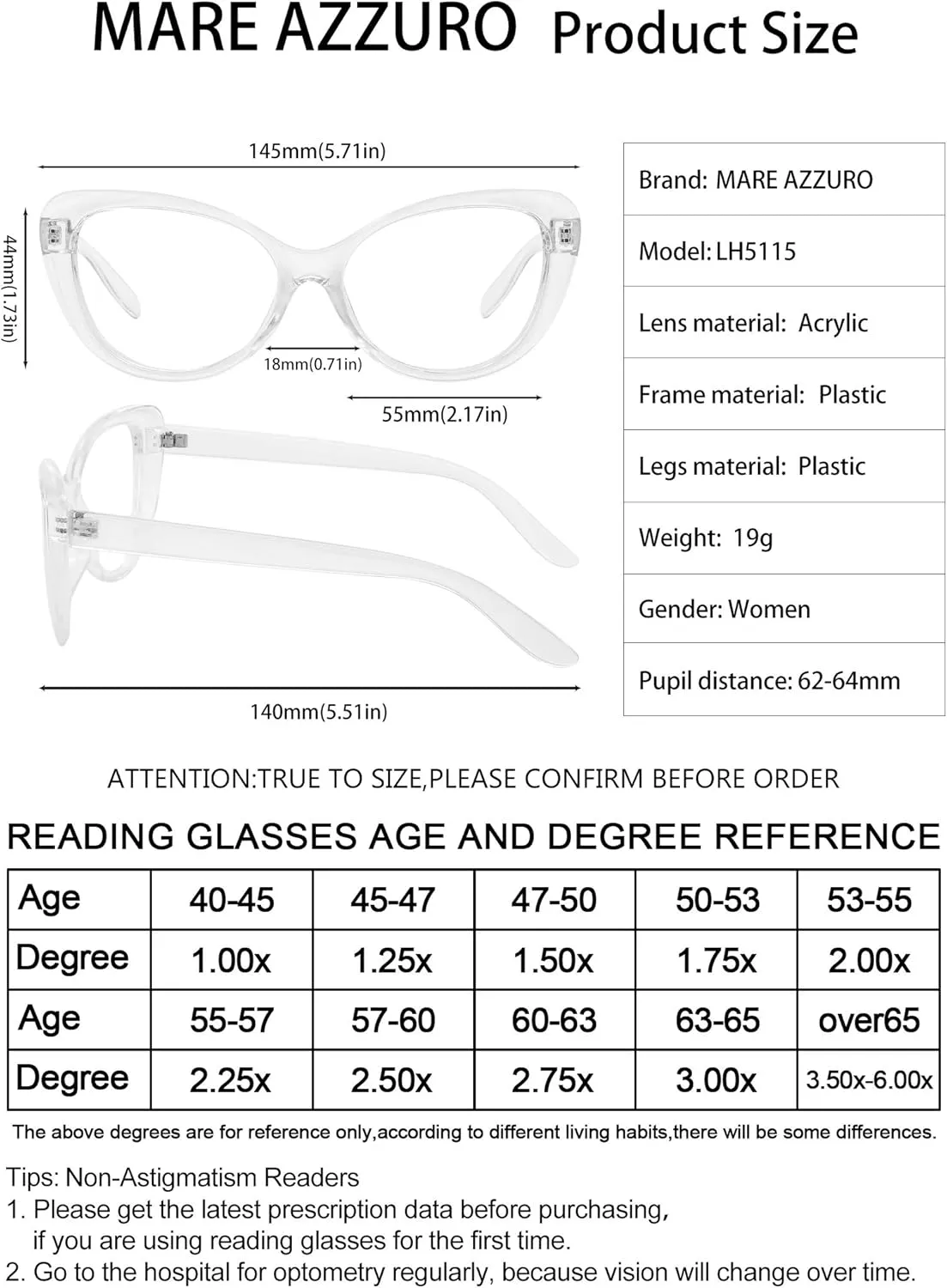 MARE AZZURO Oversized Reading Glasses Women Stylish Cat Eye Readers 0 1.0 1.5 2.0 2.5 3.0 3.5