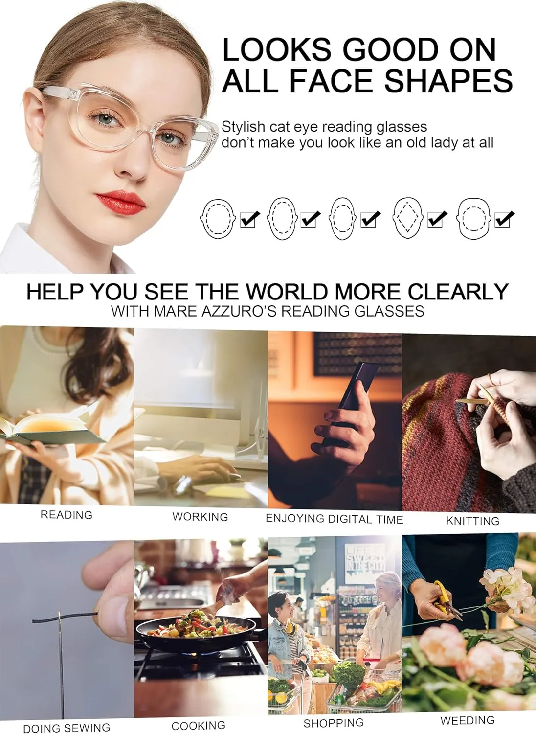 MARE AZZURO Oversized Reading Glasses Women Stylish Cat Eye Readers 0 1.0 1.5 2.0 2.5 3.0 3.5