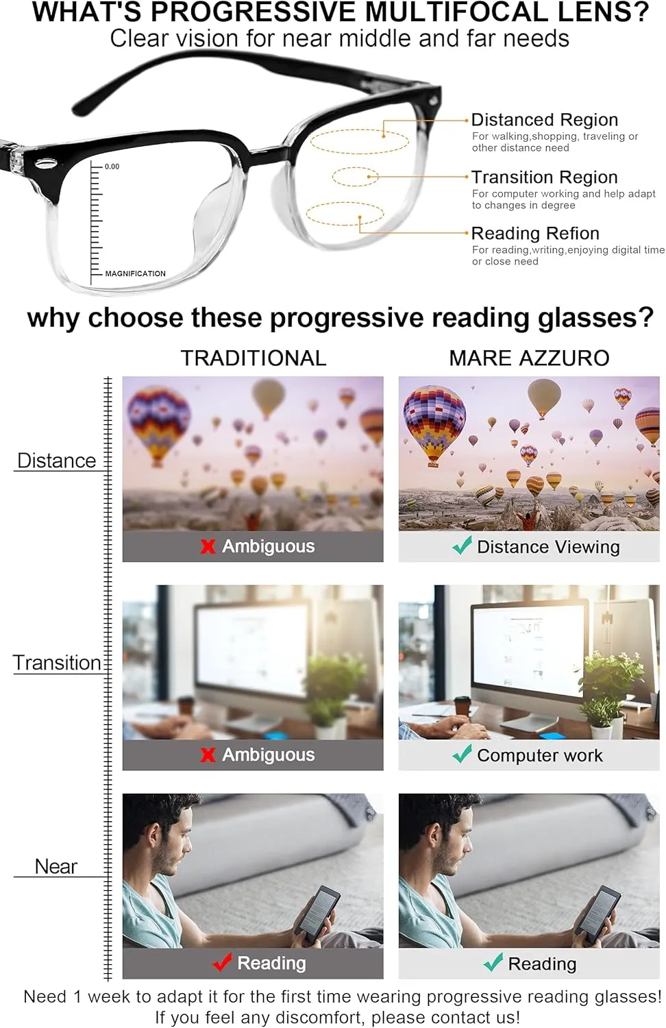 MARE AZZURO Progressive Multifocus Reading Glasses Blue Light Blocking Women Men Lightweight Multifocal Readers