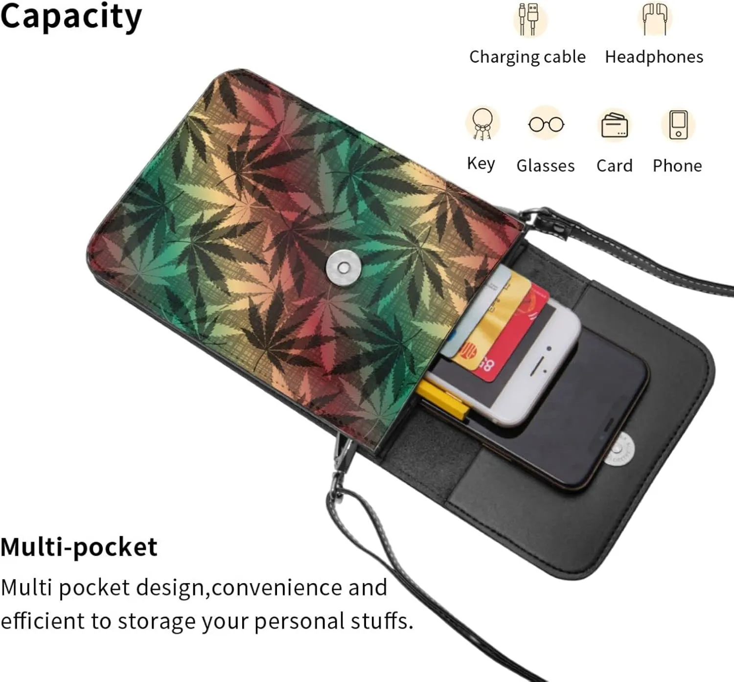 Marijuana Weed Leaf Leather Crossbody Cell Phone Purse Small Wallet Bags Adjustable Phone Bag for Women