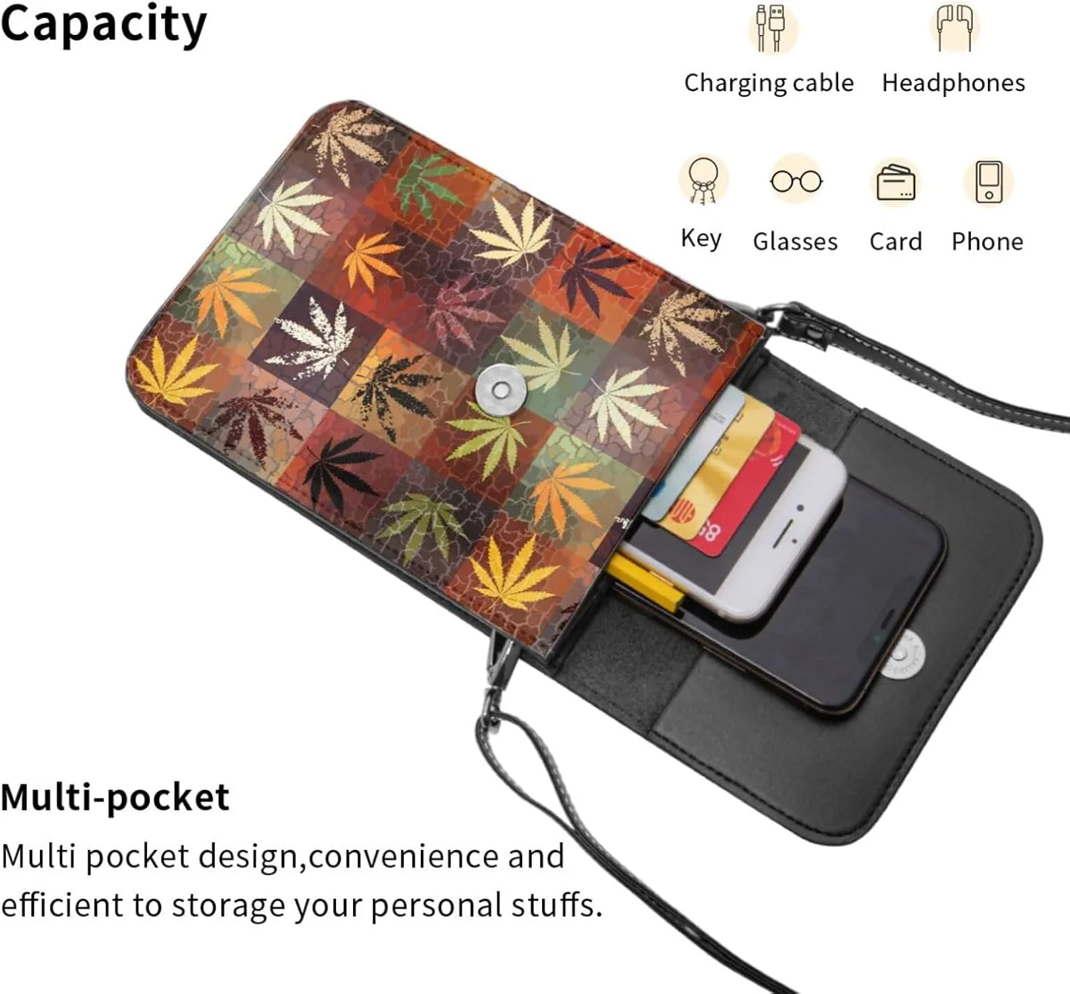 Marijuana Weed Leaf Leather Crossbody Cell Phone Purse Small Wallet Bags Adjustable Phone Bag for Women