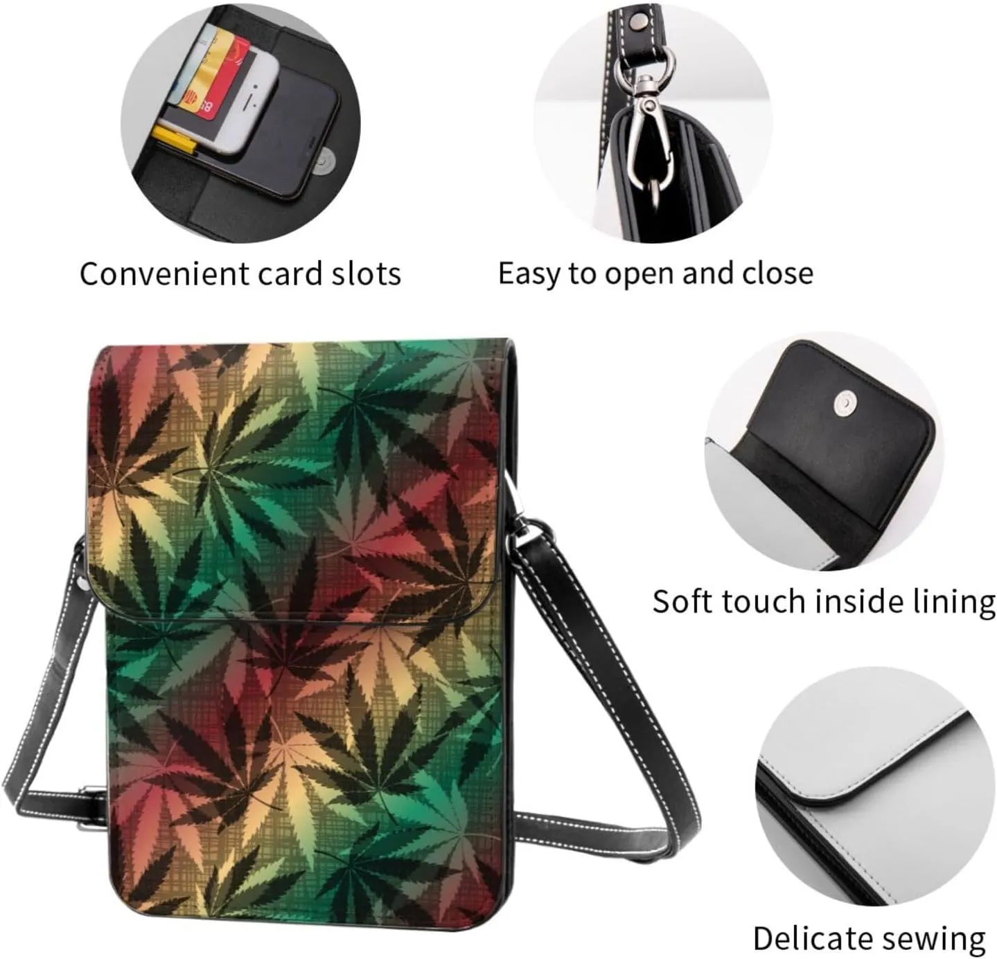 Marijuana Weed Leaf Leather Crossbody Cell Phone Purse Small Wallet Bags Adjustable Phone Bag for Women