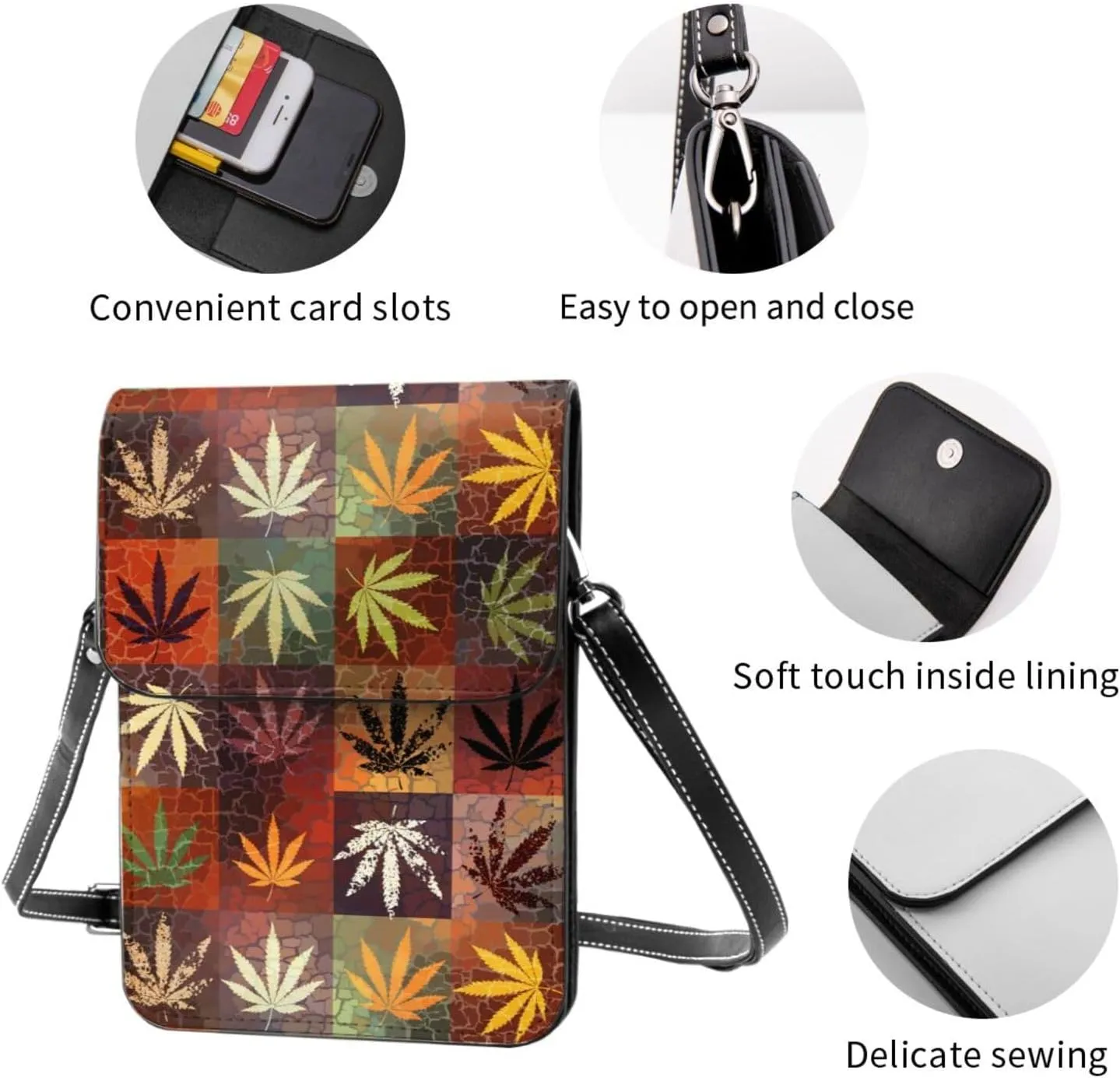 Marijuana Weed Leaf Leather Crossbody Cell Phone Purse Small Wallet Bags Adjustable Phone Bag for Women
