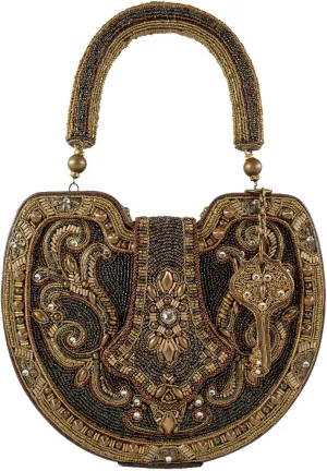Mary Frances Lock it Up Beaded Padlock Top Handle Handbag with Key Charm, Gold