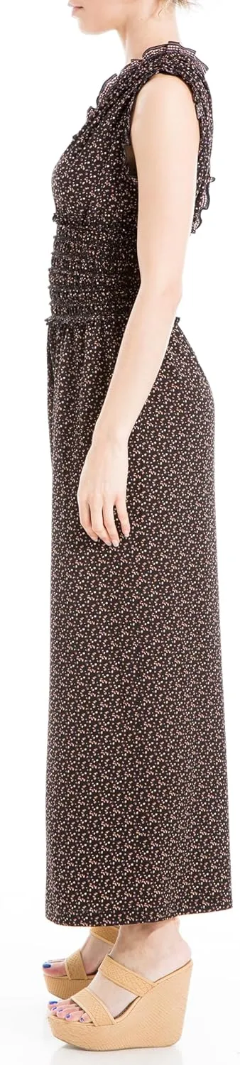 Max Studio Womens Fall 2023 Casual Ruffled V-neck Smocked Waist Chic Printed Everyday Wide Leg Jumpsuit