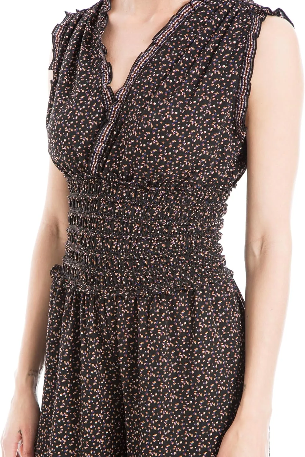 Max Studio Womens Fall 2023 Casual Ruffled V-neck Smocked Waist Chic Printed Everyday Wide Leg Jumpsuit