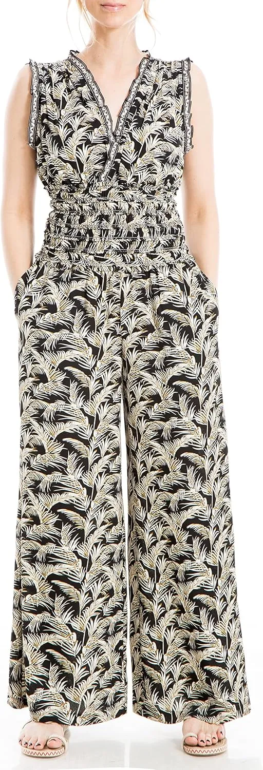 Max Studio Womens Fall 2023 Casual Ruffled V-neck Smocked Waist Chic Printed Everyday Wide Leg Jumpsuit
