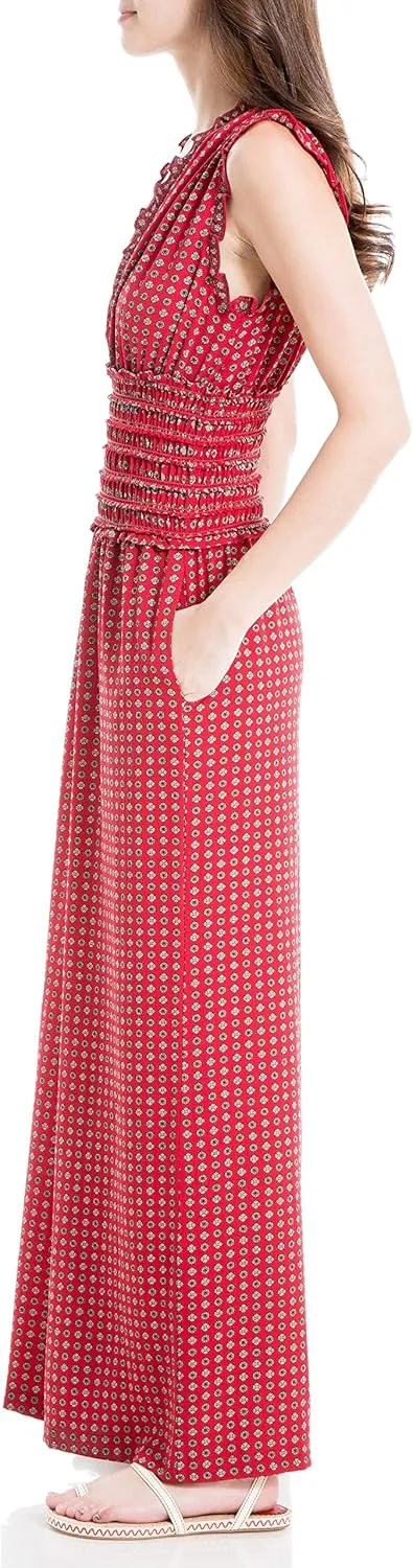 Max Studio Womens Fall 2023 Casual Ruffled V-neck Smocked Waist Chic Printed Everyday Wide Leg Jumpsuit