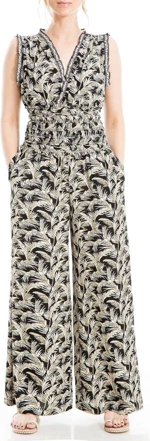 Max Studio Womens Fall 2023 Casual Ruffled V-neck Smocked Waist Chic Printed Everyday Wide Leg Jumpsuit