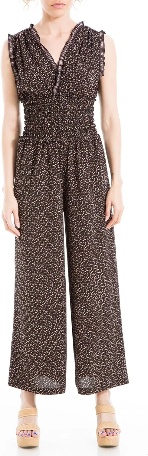 Max Studio Womens Fall 2023 Casual Ruffled V-neck Smocked Waist Chic Printed Everyday Wide Leg Jumpsuit
