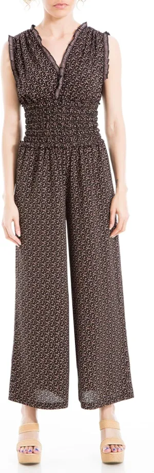 Max Studio Womens Fall 2023 Casual Ruffled V-neck Smocked Waist Chic Printed Everyday Wide Leg Jumpsuit