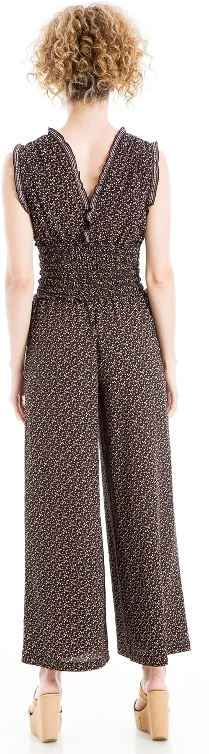 Max Studio Womens Fall 2023 Casual Ruffled V-neck Smocked Waist Chic Printed Everyday Wide Leg Jumpsuit