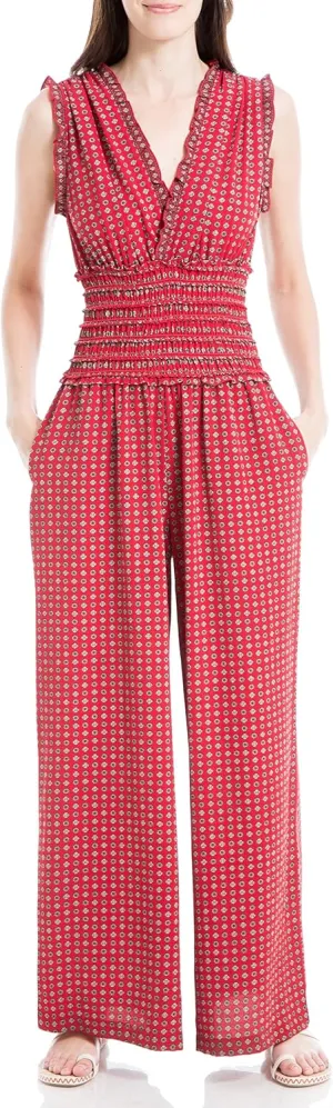 Max Studio Womens Fall 2023 Casual Ruffled V-neck Smocked Waist Chic Printed Everyday Wide Leg Jumpsuit