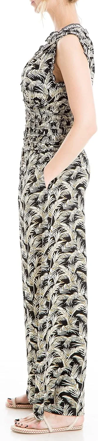 Max Studio Womens Fall 2023 Casual Ruffled V-neck Smocked Waist Chic Printed Everyday Wide Leg Jumpsuit