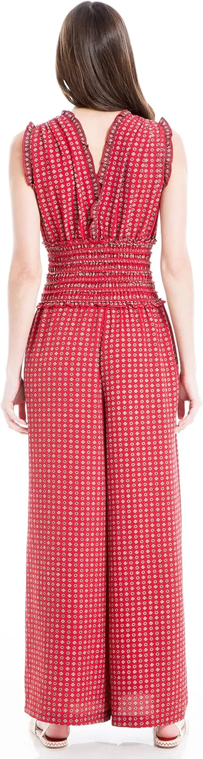 Max Studio Womens Fall 2023 Casual Ruffled V-neck Smocked Waist Chic Printed Everyday Wide Leg Jumpsuit