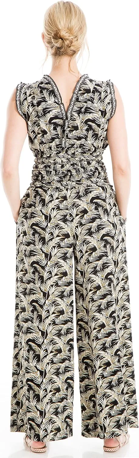 Max Studio Womens Fall 2023 Casual Ruffled V-neck Smocked Waist Chic Printed Everyday Wide Leg Jumpsuit
