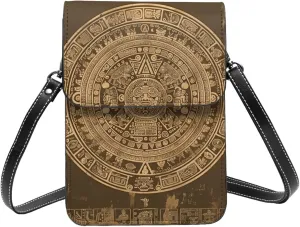 Mayan Calendar Sun Moon Geometric Time Vintage Brown Crossbody Cell Phone Purse For Women Teen Girls Leather Small Crossbody Bag Mini Phone Pouch Purse, 7.5x5.3 Inches