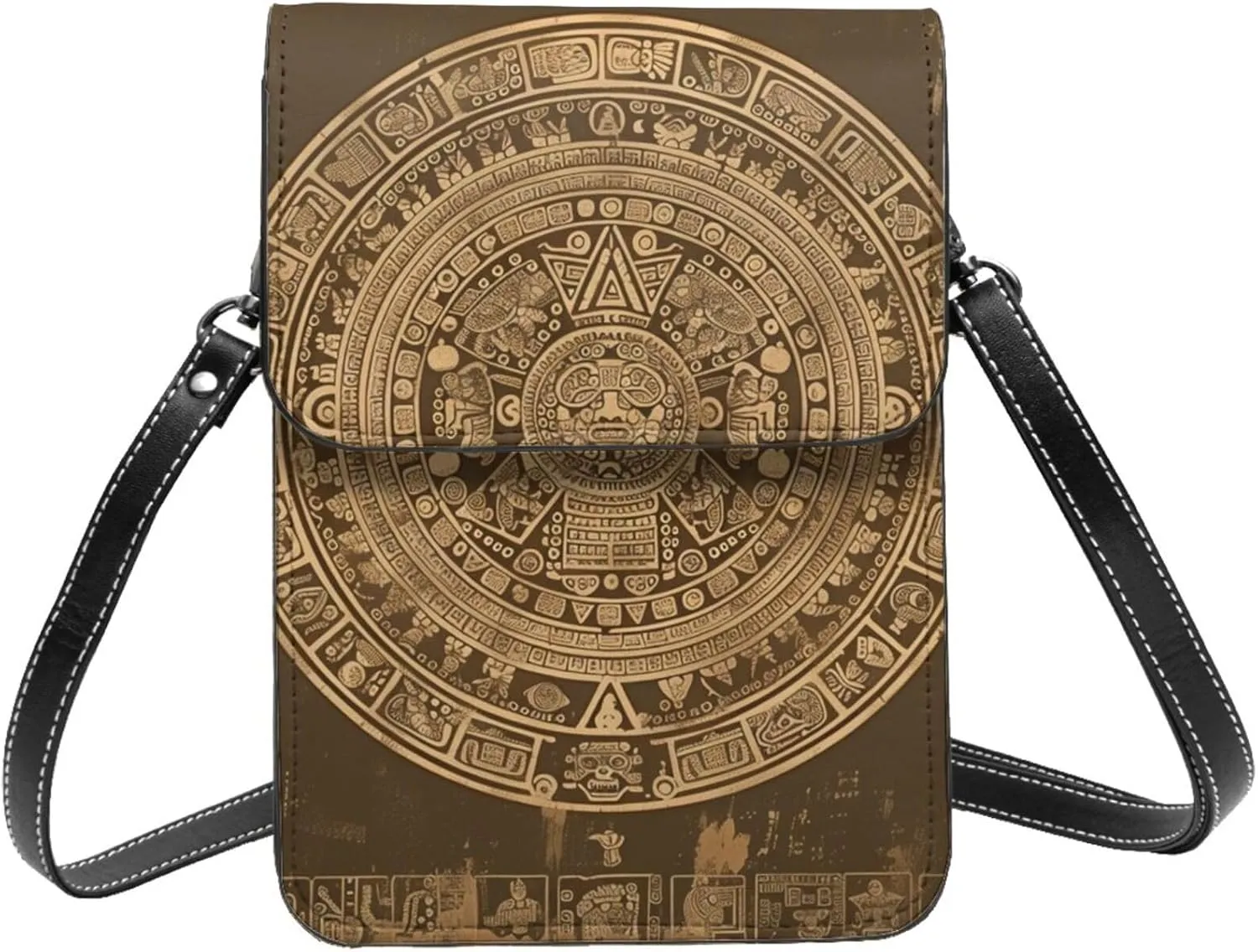 Mayan Calendar Sun Moon Geometric Time Vintage Brown Crossbody Cell Phone Purse For Women Teen Girls Leather Small Crossbody Bag Mini Phone Pouch Purse, 7.5x5.3 Inches