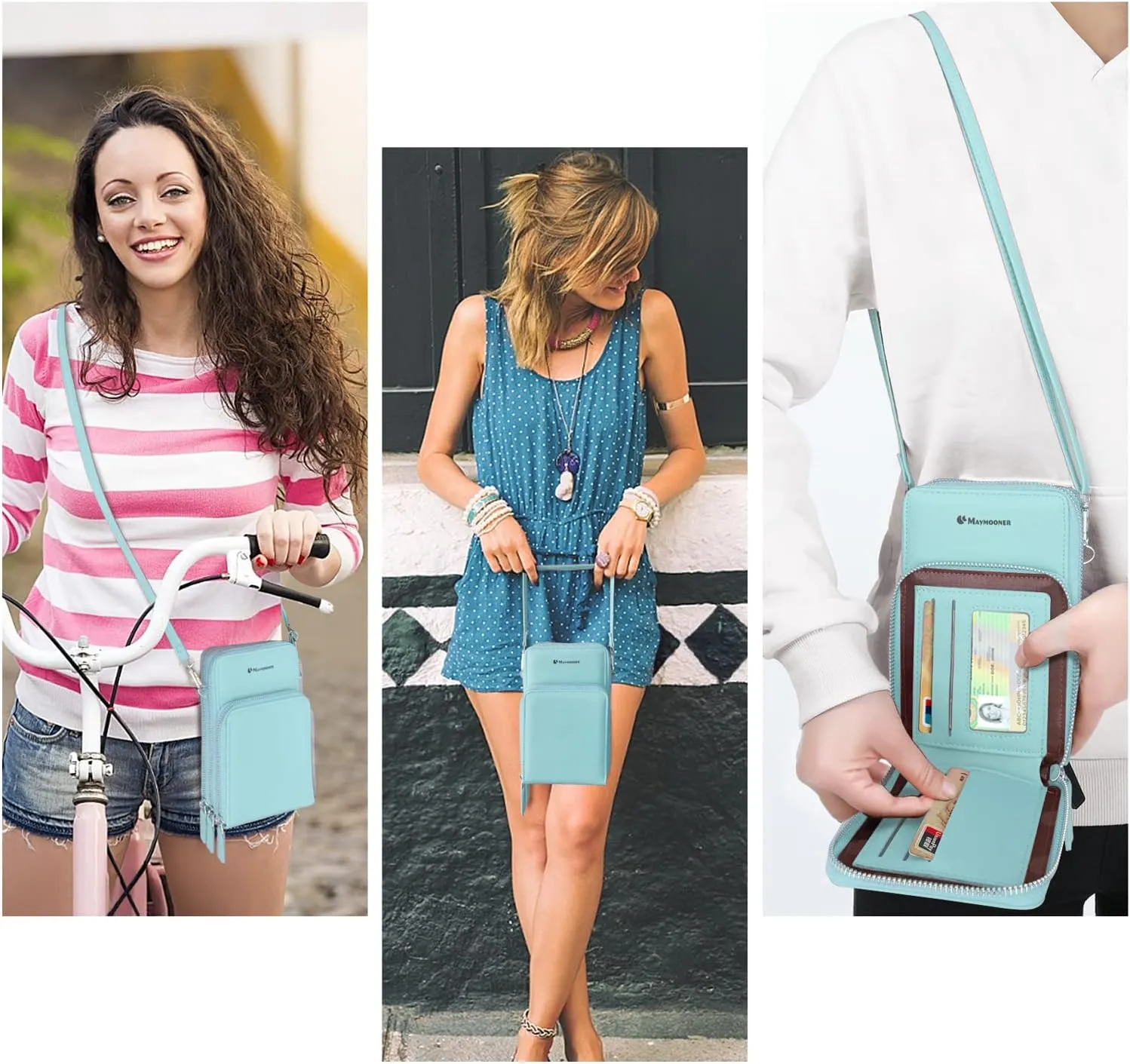 MAYMOONER Cell Phone Purse for Women, Small Crossbody Bag PU Leather with Card Slots Multiple Zipper Closure