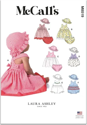 McCall's M8519A Infants' Dresses, Rompers, Underwear and Hat Sewing Pattern Packet, Design Code M8519, Sizes S-M-L-XL