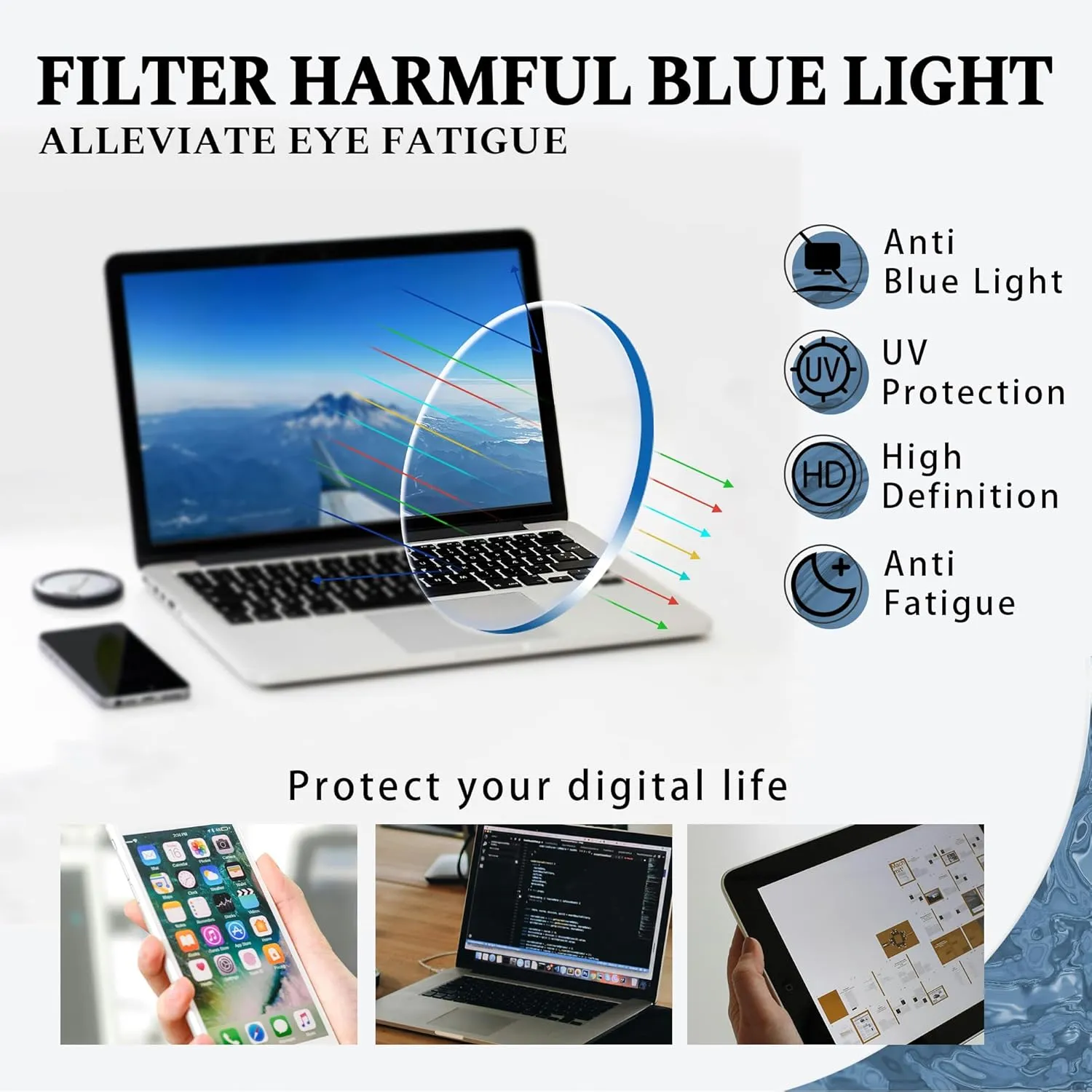 Men's Blue Light Blocking Glasses, Fake Square Computer Screen Eyeglasses Anti Eyestrain & UV Glare RF6201