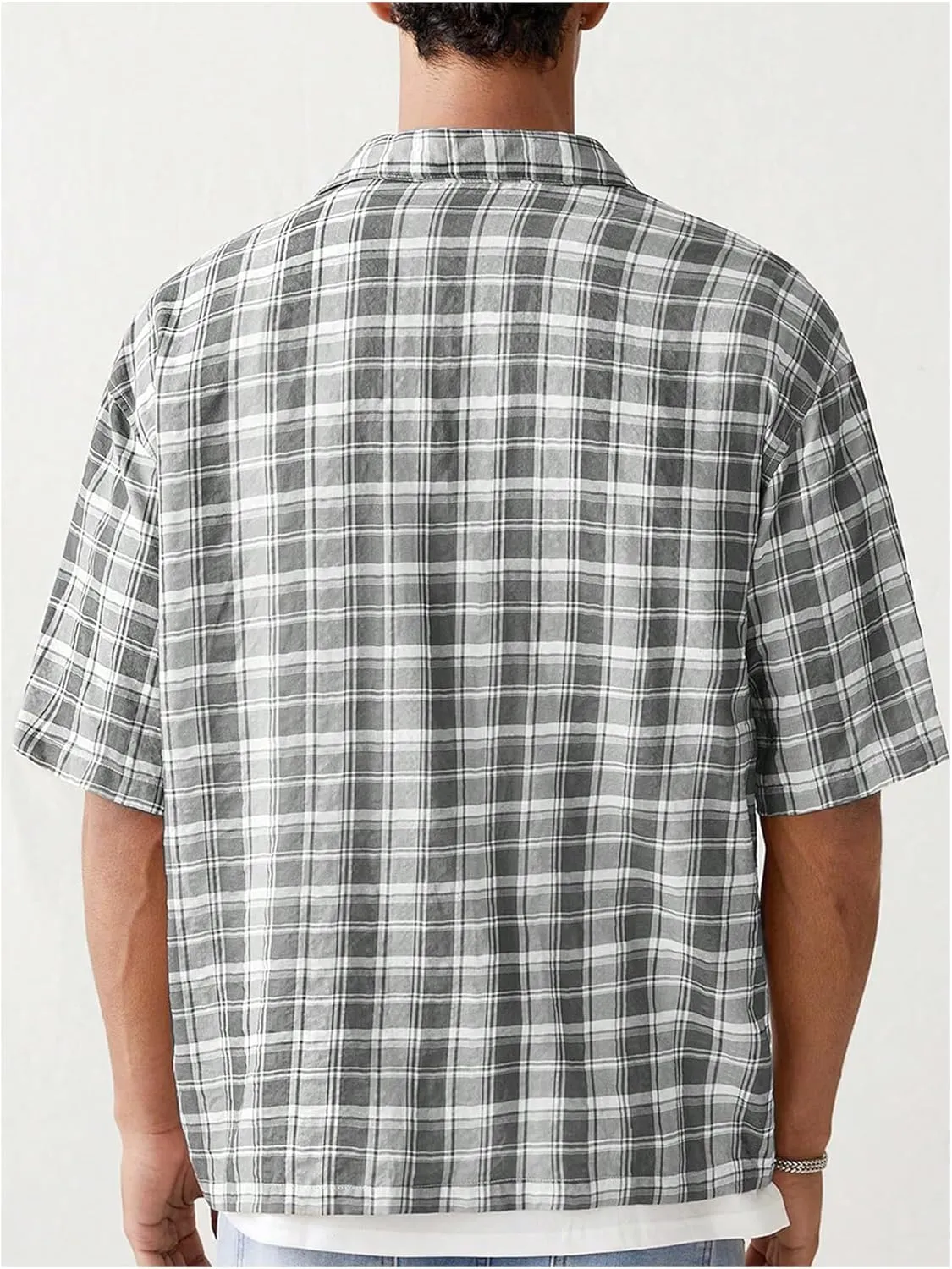 Men's Plaid Button Up T Shirts Half Sleeve Collared Baggy Summer Casual Tees