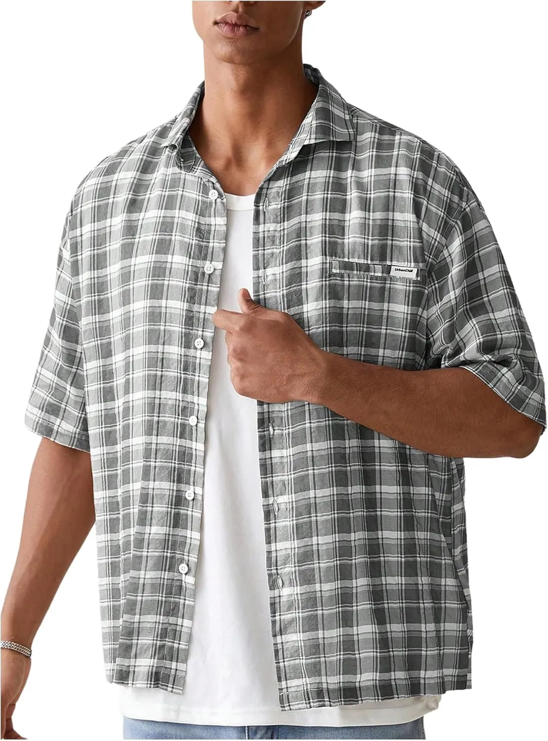 Men's Plaid Button Up T Shirts Half Sleeve Collared Baggy Summer Casual Tees