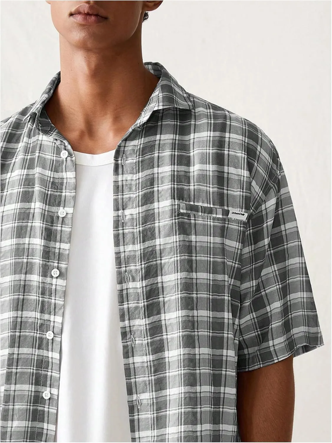 Men's Plaid Button Up T Shirts Half Sleeve Collared Baggy Summer Casual Tees