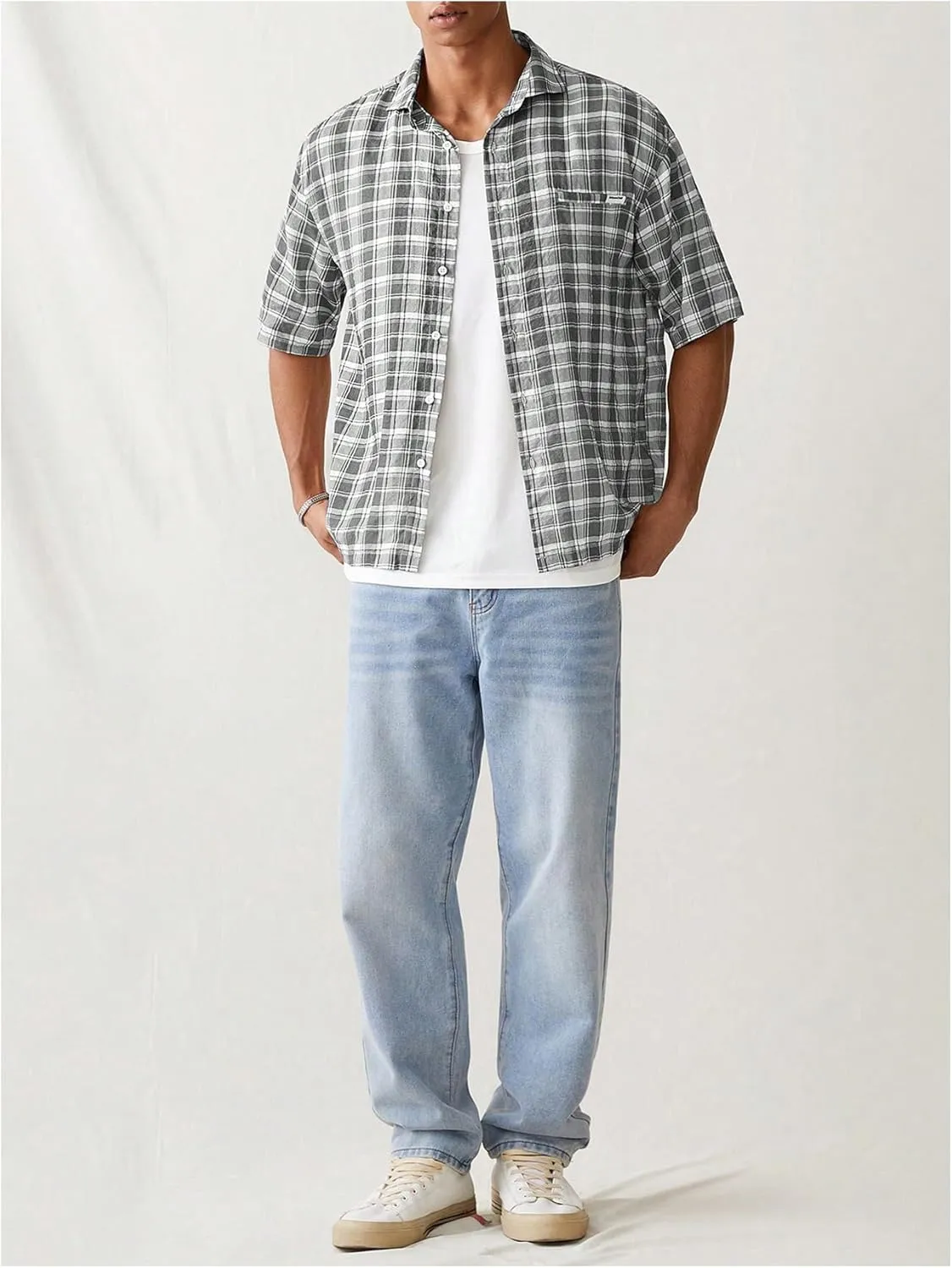 Men's Plaid Button Up T Shirts Half Sleeve Collared Baggy Summer Casual Tees