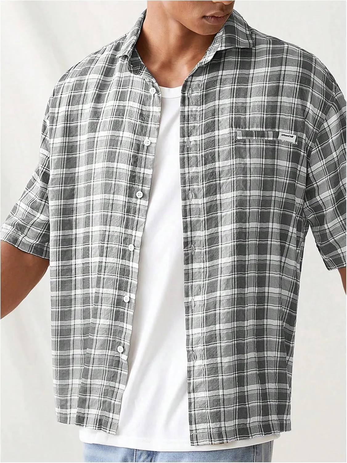 Men's Plaid Button Up T Shirts Half Sleeve Collared Baggy Summer Casual Tees