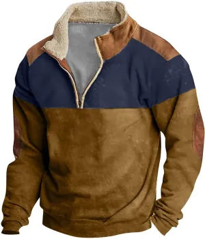 Men's Quarter Zipper Sherpa Sweatshirts 2025 Thermal Warm Sweater 1/4 Zip Stand Collar Cowboy Print Tactical Jacket