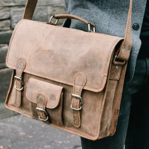 Men's Vintage Leather Satchel 15 Inch With Pocket & Handle