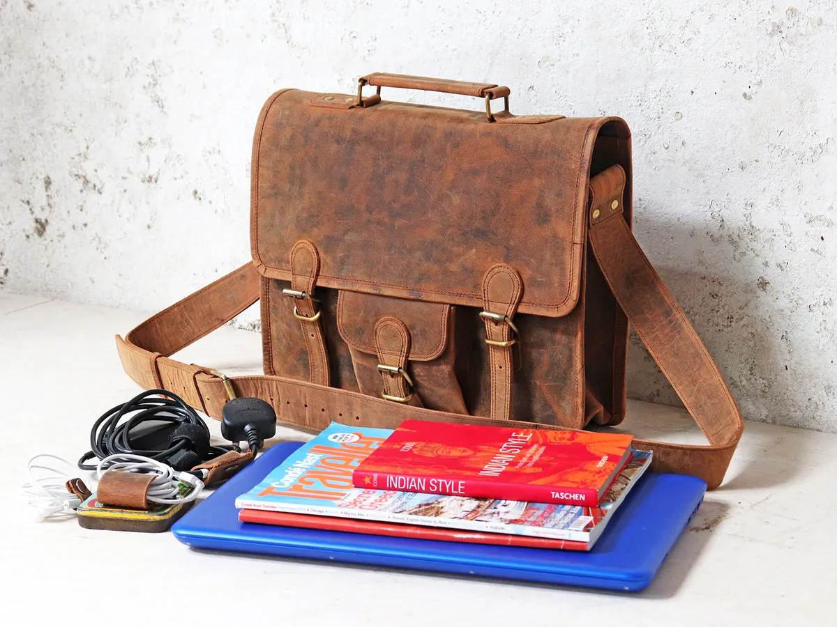 Men's Vintage Leather Satchel 15 Inch With Pocket & Handle